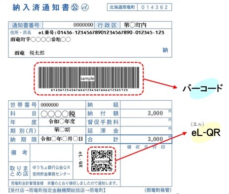 納付書のeL-QRとバーコードの記載箇所イメージ